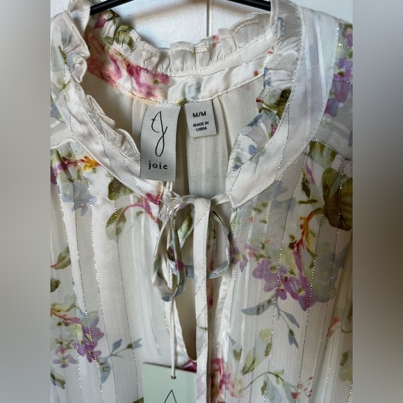 NWT Joie White Floral Blouse with Tie-Neck - Picture 6 of 9